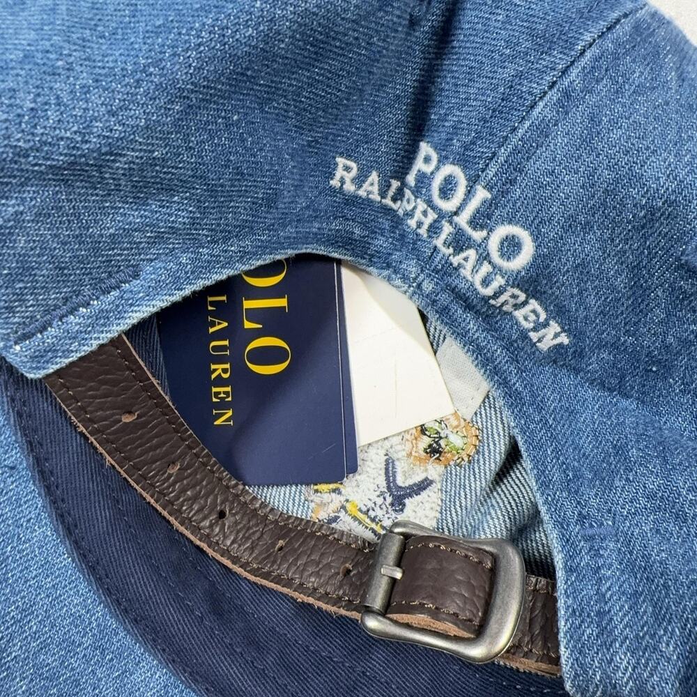 PRL Polo Bear Denim Hat Mens OS Blue Leather Strap Cap NEW Polo Ralph Lauren - Picture 7 of 15